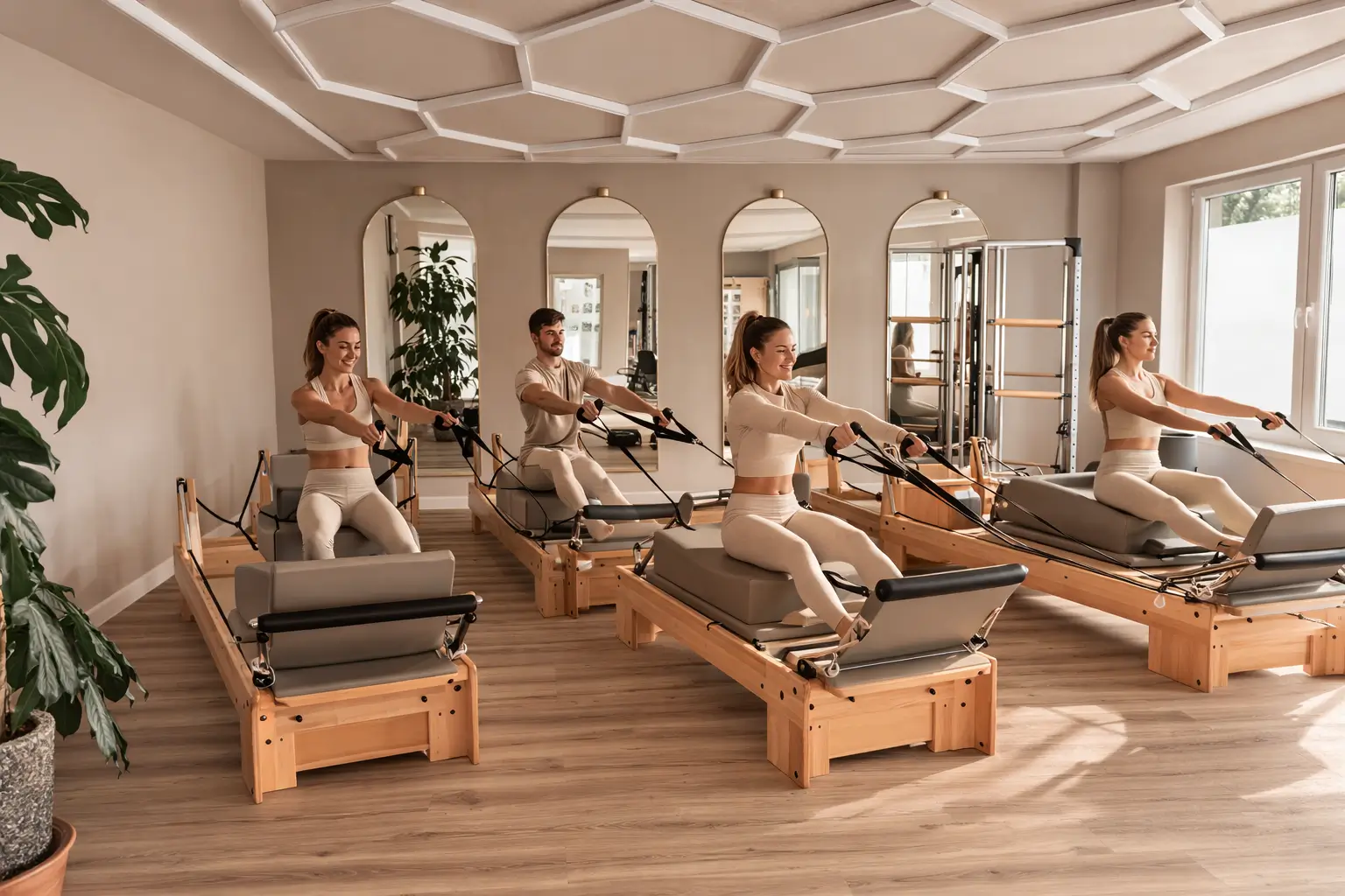 Reformer Pilates Gruppe im Studio Neuss